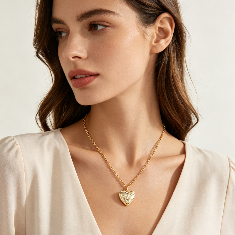 Star Engraved Puffy Heart Pendant Necklace, Dainty Celestial Collarbone Chain