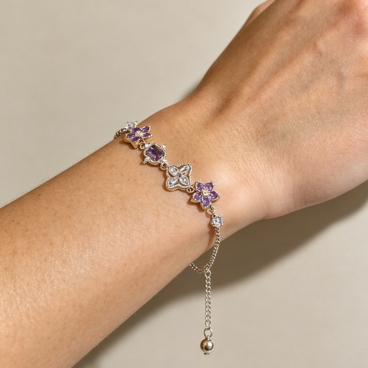 Purple Floral Gem Slider Adjustable Bracelet, Gold Silver Dainty Stackable Wrist Chain