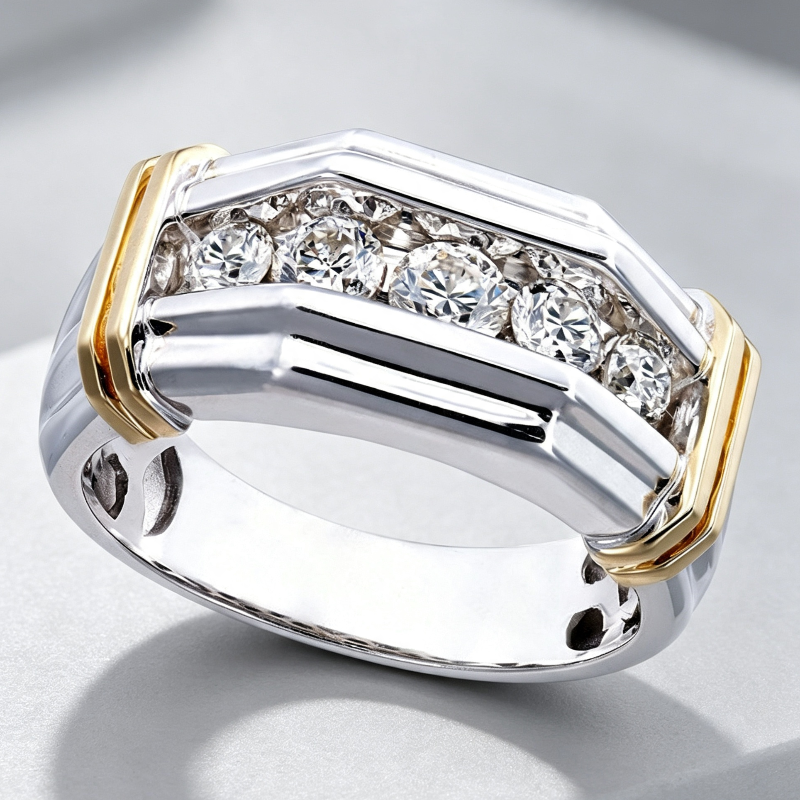 Two‑Tone Men’s Band Ring, Channel‑Set Sparkling Diamonds Statement Jewelry