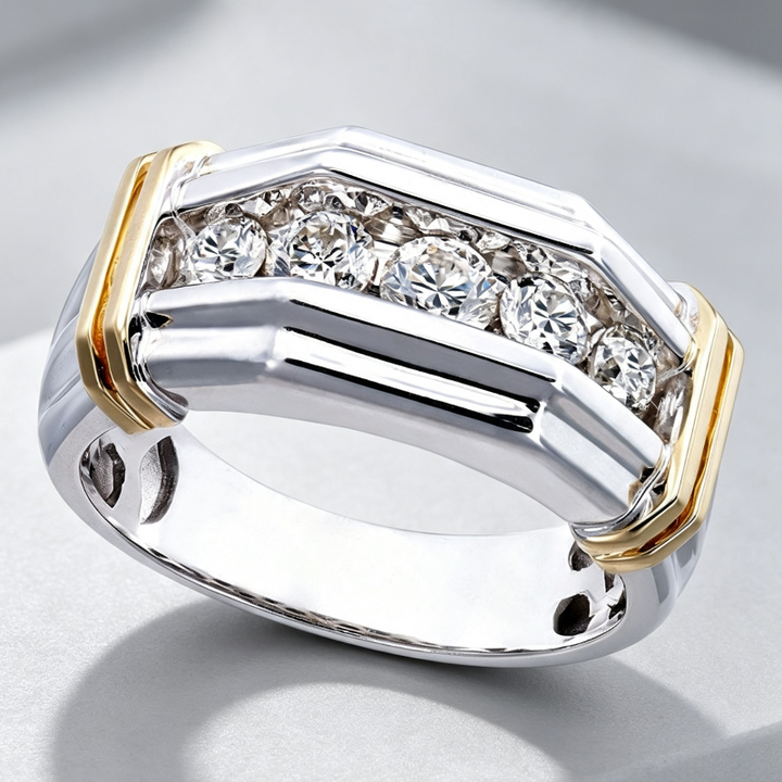Two‑Tone Men’s Band Ring, Channel‑Set Sparkling Diamonds Statement Jewelry