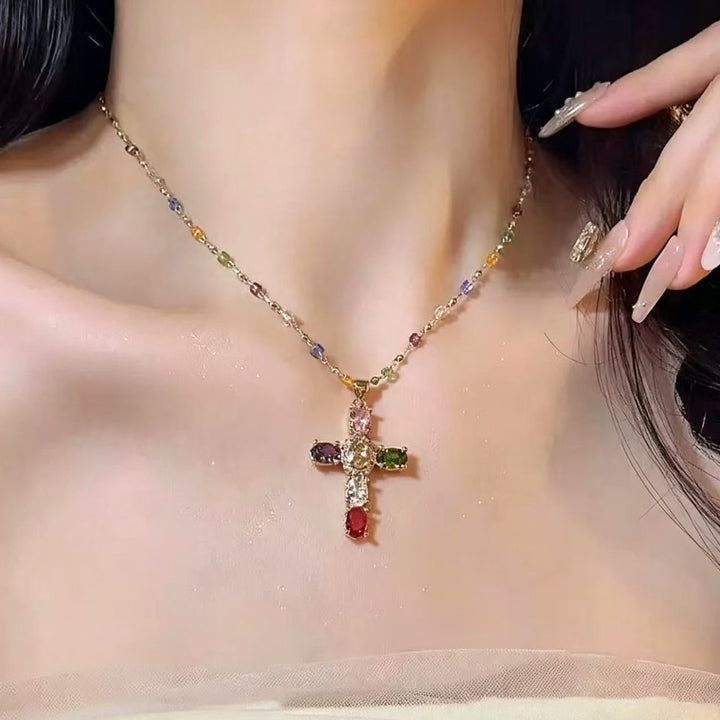 Colorful Multi‑Gem & Diamond Cross Pendant Necklace, Vibrant Rainbow Beaded Chain Statement Necklace