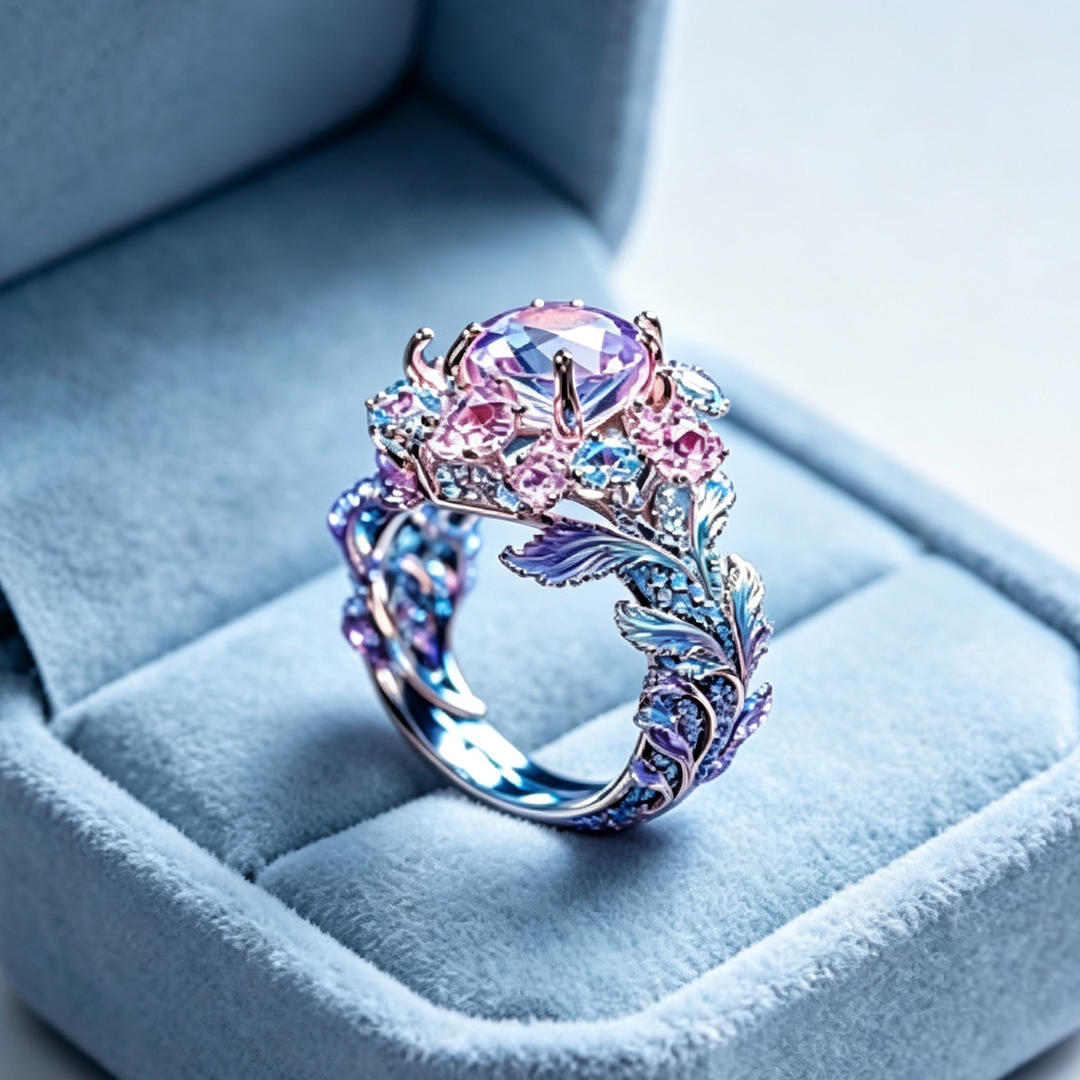 Enchanted Floral Leaf Statement Ring, Colorful Sparkling Gem Ring for Women