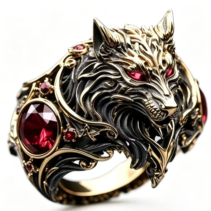 Vintage Wolf‑Head Men’s Statement Ring With Red Gemstones Gothic Wide Band Ring