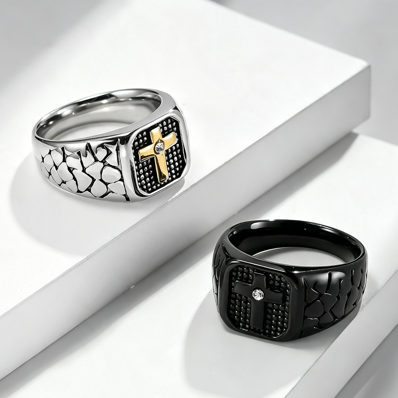 Vintage Textured Cross Signet Ring with Inlaid Diamond, Men’s Bold Statement Ring