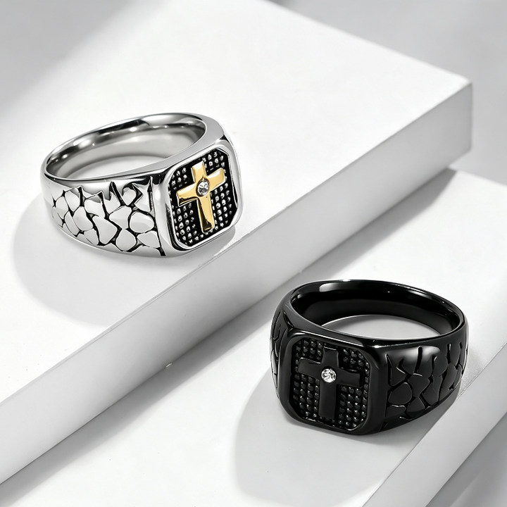 Vintage Textured Cross Signet Ring with Inlaid Diamond, Men’s Bold Statement Ring