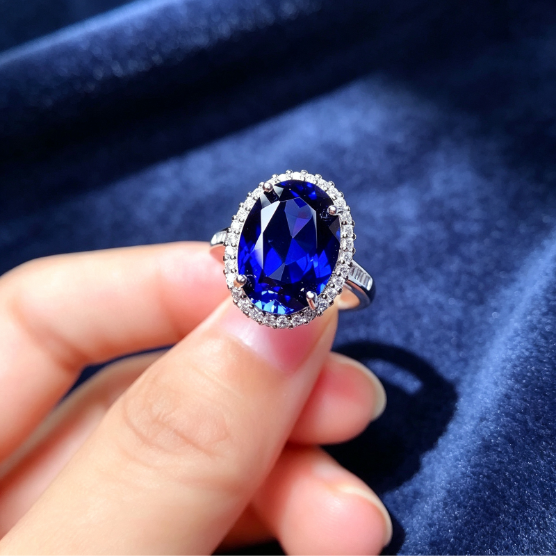 Oval Royal Blue Gemstone Adjustable Open Ring, Sparkling Pave‑Set Diamond Women’s Cocktail Ring