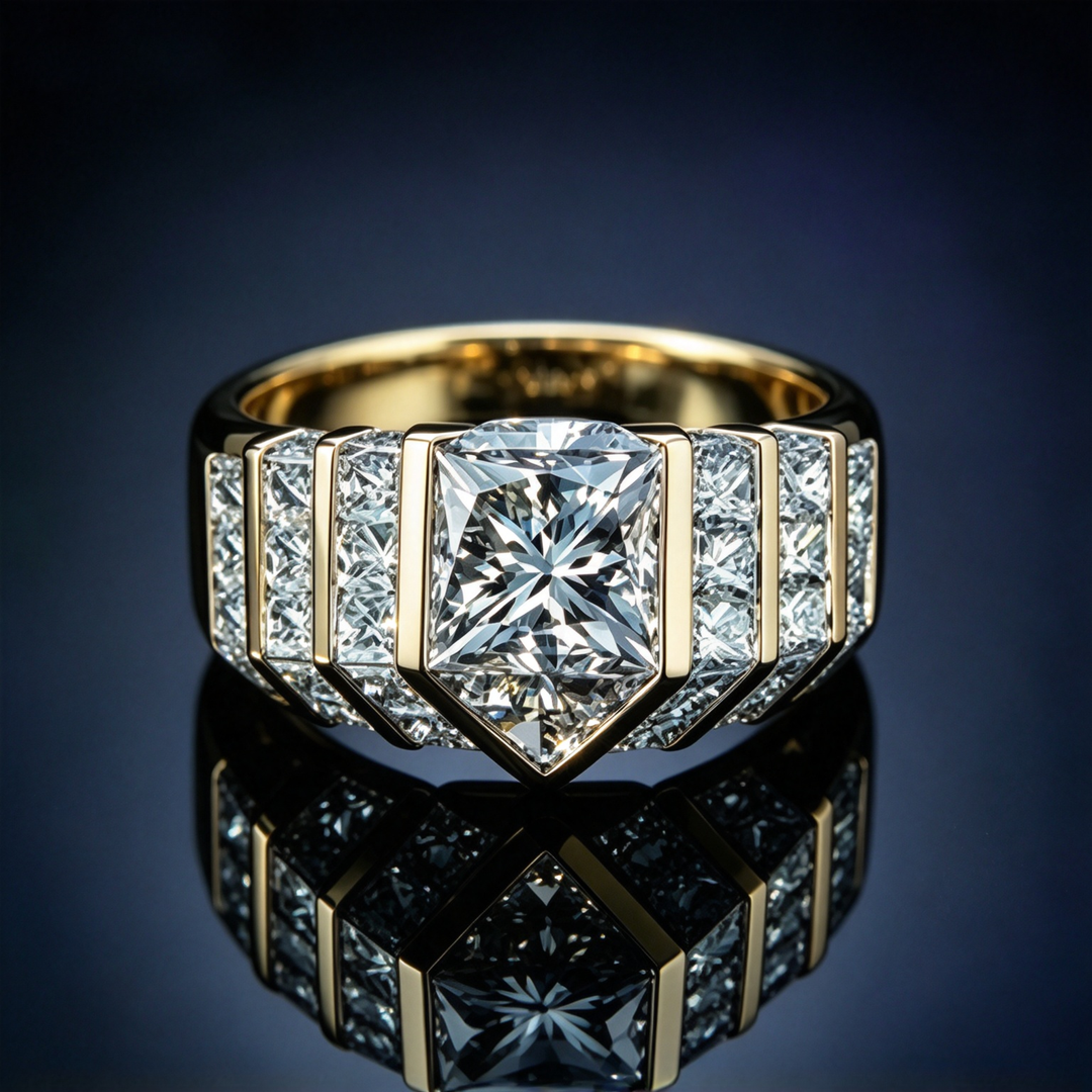 Bold Geometric Cluster Statement Ring, Modern Princess Cut Cocktail Ring for Men and Women