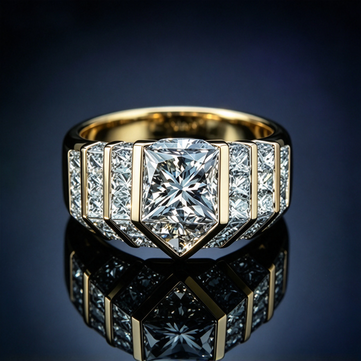 Bold Geometric Cluster Statement Ring, Modern Princess Cut Cocktail Ring for Men and Women