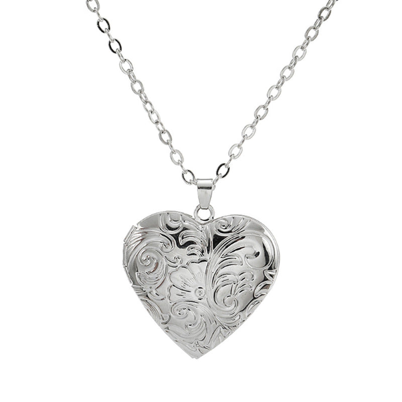 Vintage Floral Engraved Photo Locket Necklace, Stylish Patterned Collarbone Necklace