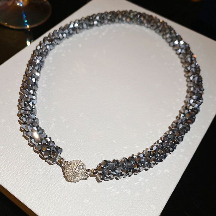 Twisted Multi-Strand Faceted Diamond Choker, Magnetic Diamond Ball Clasp Beaded Necklace
