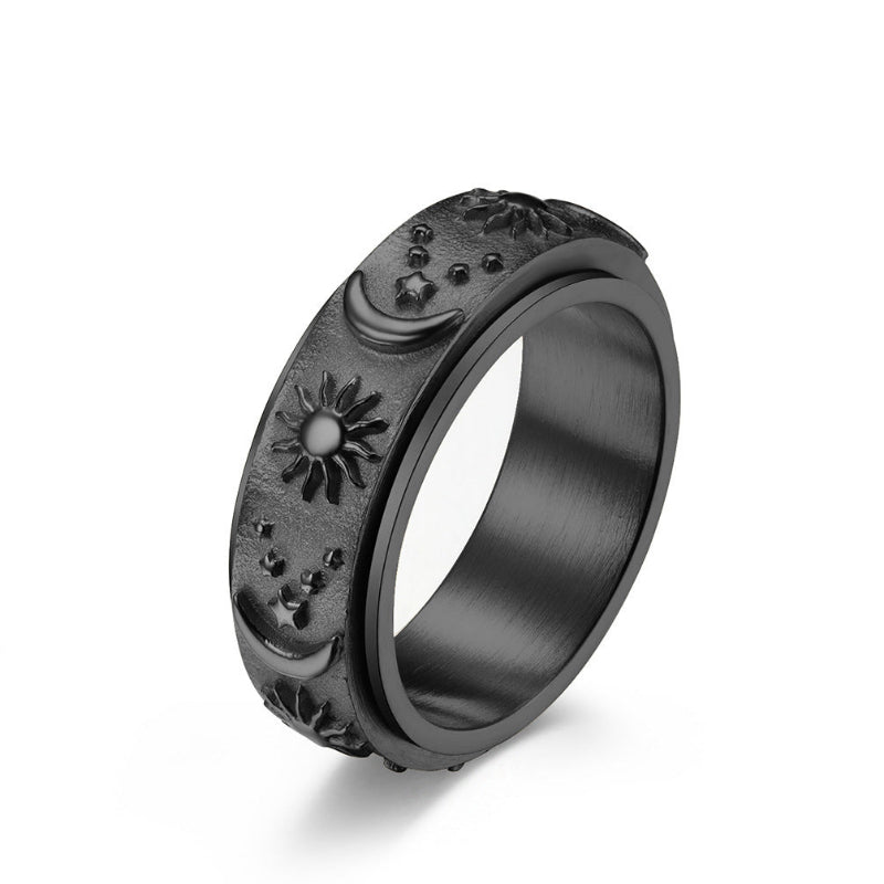 Sun, Moon, and Star Rotatable Ring, Vintage Engraved Rotatable Stress‑Relief Ring