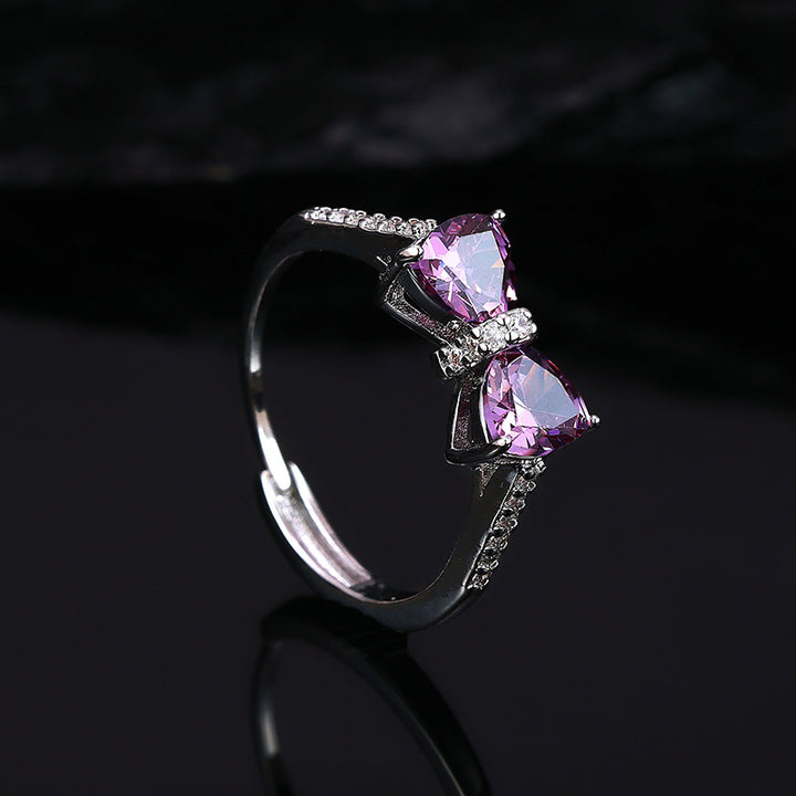 Bow‑Shaped Heart Gem &amp; Diamond Adjustable Open Ring, Elegant Color Statement Ring for Women