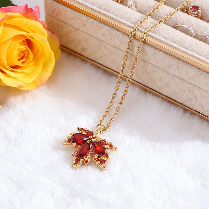 Sparkling Maple Leaf Jewelry Set, Red Stone Leaf Earrings &amp; Pendant Necklace for Women