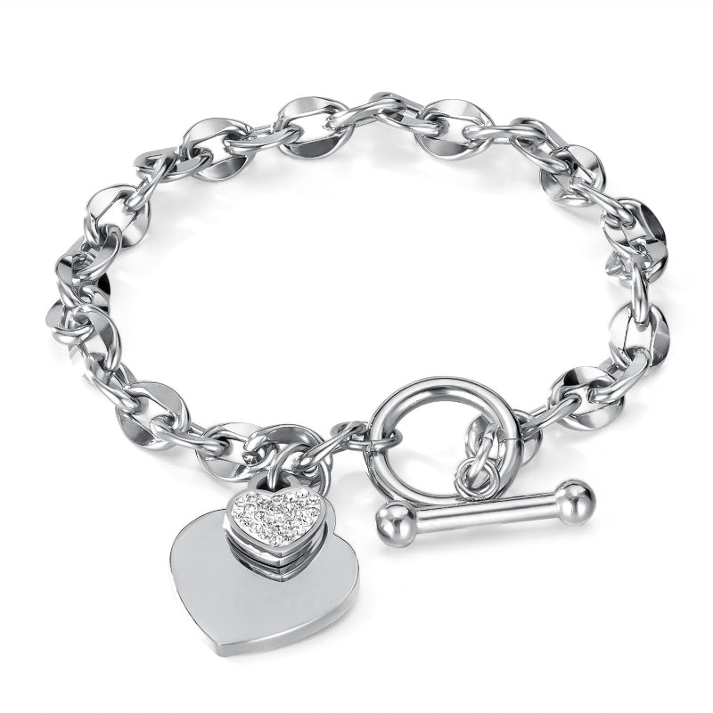 Heart-Shaped Diamond Pendant Bracelet, Hip-Hop Style Cuban Link Bracelet