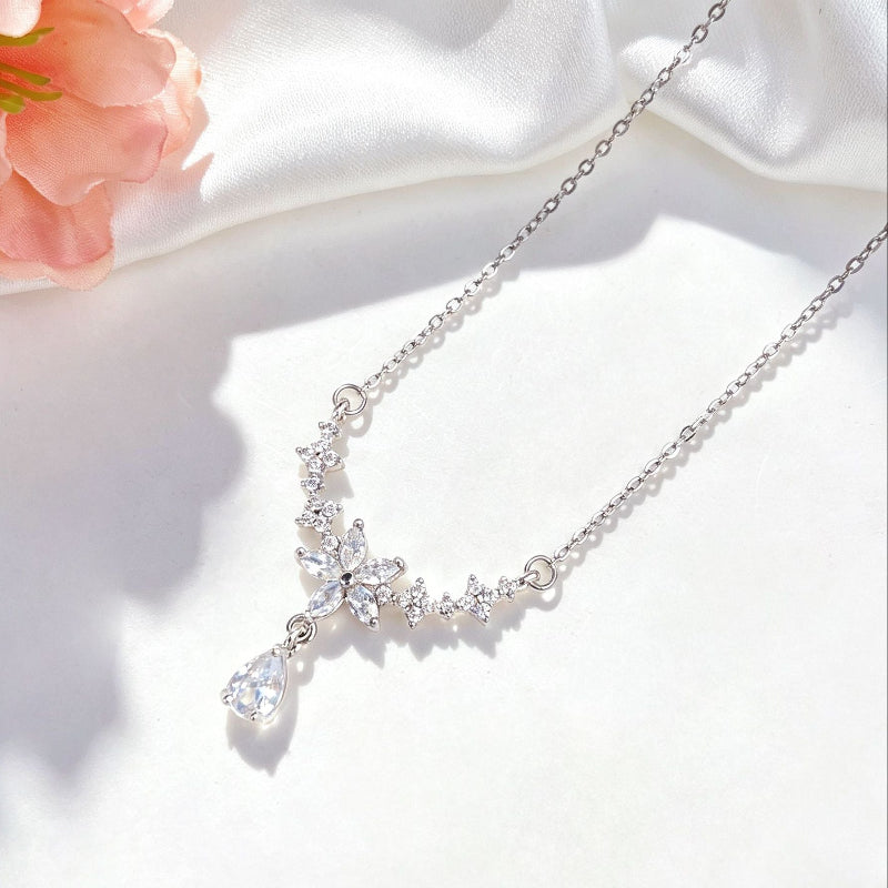 V-Shape Floral Star Teardrop Diamond Necklace, Dainty Collarbone Chain