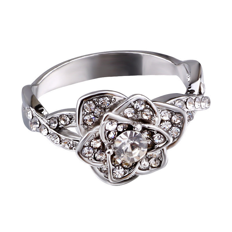 3D Sculptural Rose Flower Solitaire Ring, Pave Shank Floral Engagement Promise Ring