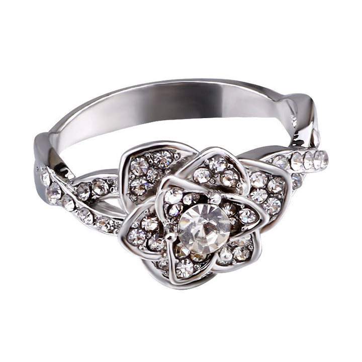 3D Sculptural Rose Flower Solitaire Ring, Pave Shank Floral Engagement Promise Ring