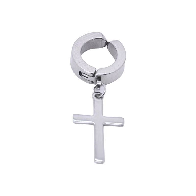 Non‑Piercing Cross Dangle Huggie Ear Clips, Punk Drop Cross Charm Hoop Ear Cuff for Men & Women