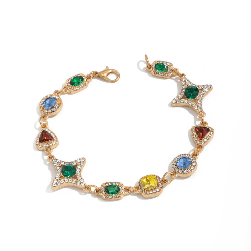 New Men's Colored Gemstone Cross Necklace and Bracelet, Colorful Gem & Diamond Star Link Jewelry Set