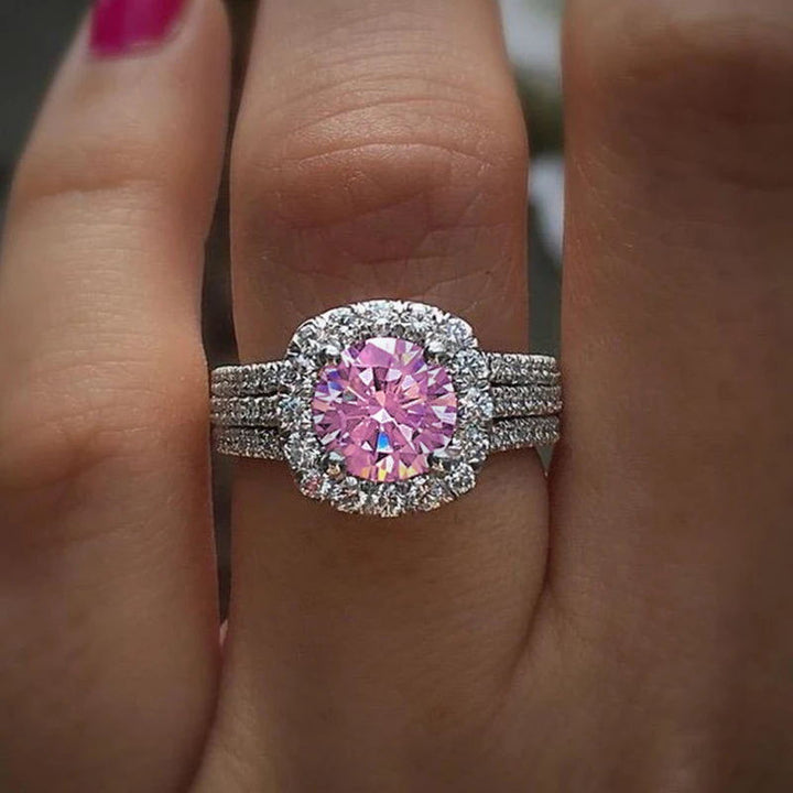 Cushion Double Halo Triple Pave Band Bridal Ring, Round Solitaire Engagement Wedding