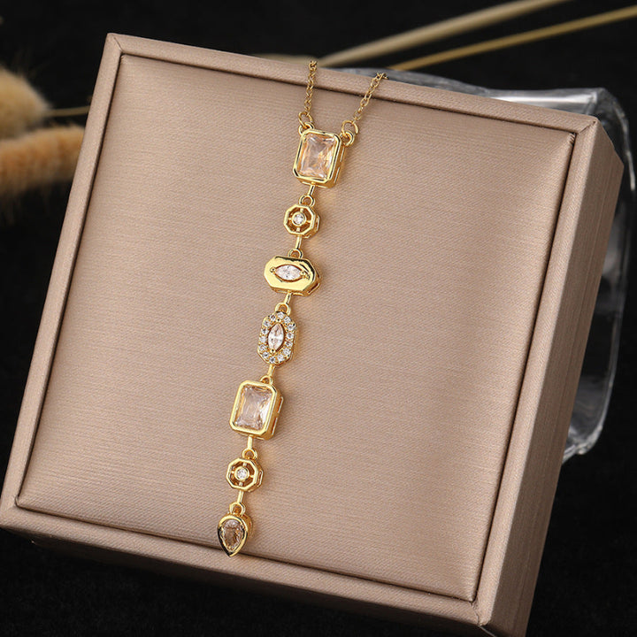 Vertical Tiered Multi-Cut Diamond Gold Drop Necklace, Warm Vintage Collarbone Chain