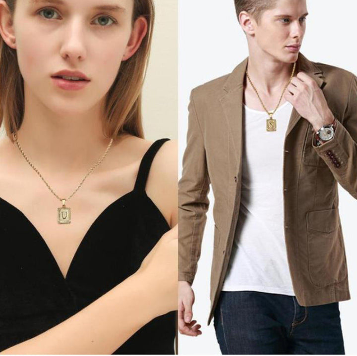 A-Z Vintage Sunburst Initial Tag Pendant Necklace, Personalized Men Women Hip Hop Stackable Statement Jewelry