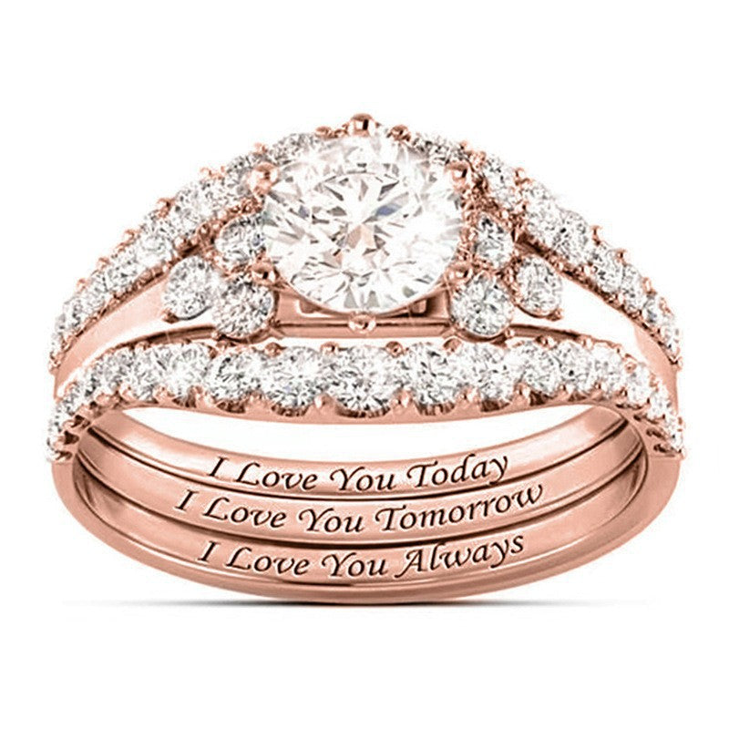 Round Diamond Engraved 3-Piece Bridal Stack Ring, Personalized "I Love You Today Tomorrow Always" Promise Ring
