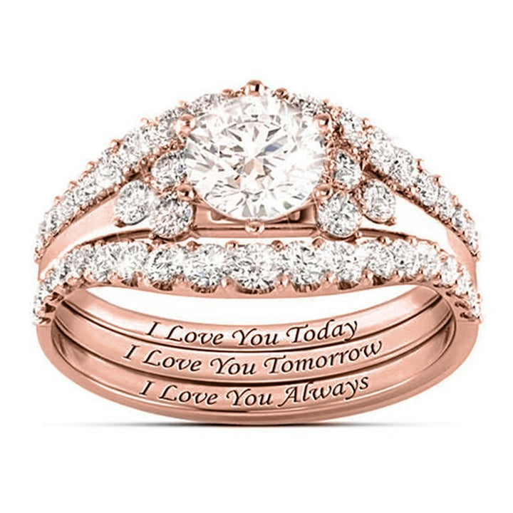 Round Diamond Engraved 3-Piece Bridal Stack Ring, Personalized "I Love You Today Tomorrow Always" Promise Ring
