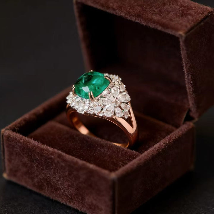 Cushion Emerald Halo Floral Cocktail Ring, 3-Tone Luxury Gem Statement Ring For Women