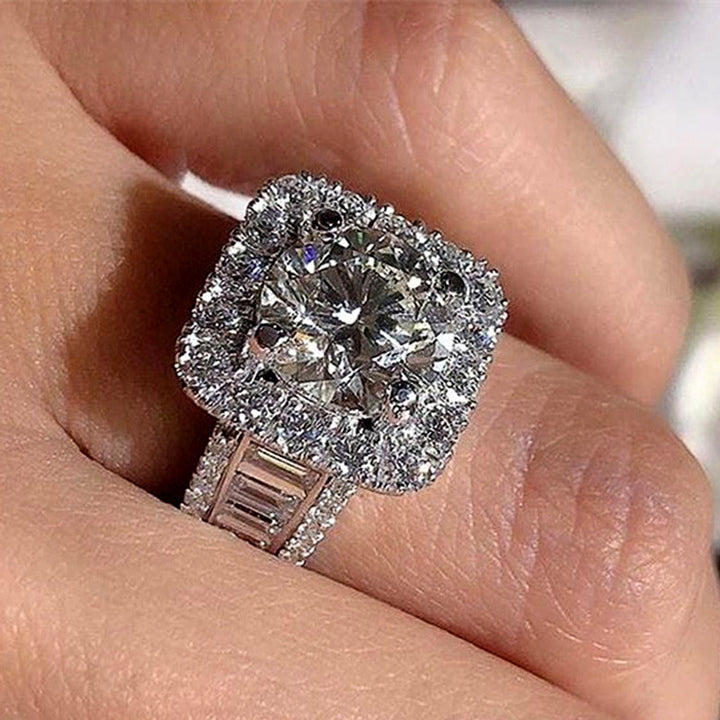Round Cut Halo Engagement Ring, Baguette Diamond Ring for Formal Attire for Women
