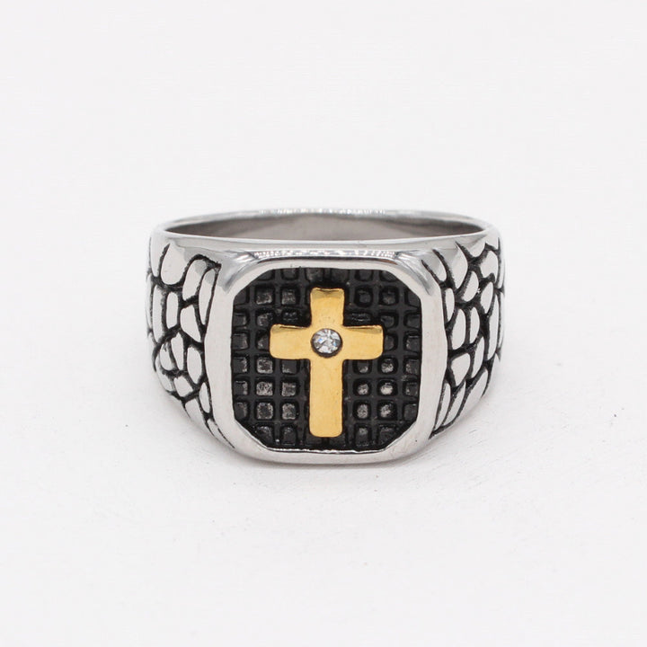 Vintage Textured Cross Signet Ring with Inlaid Diamond, Men’s Bold Statement Ring