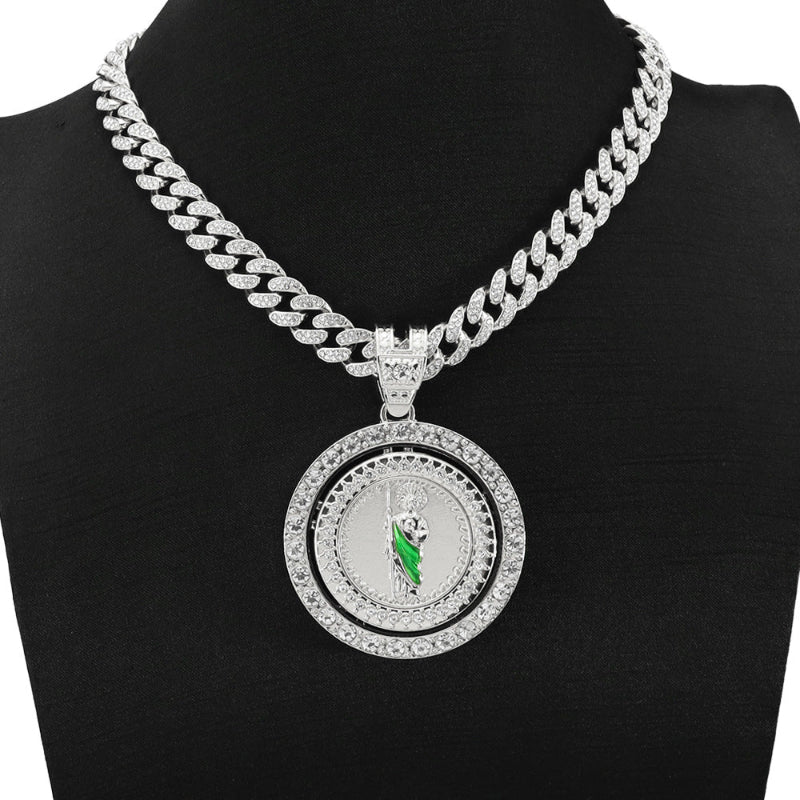 Rotatable Round Diamond Pendant Cuban Chain Necklace & Cuban Bracelet Unisex Religious Hip Hop Statement Jewelry