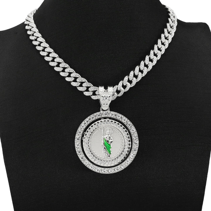 Rotatable Round Diamond Pendant Cuban Chain Necklace & Cuban Bracelet Unisex Religious Hip Hop Statement Jewelry