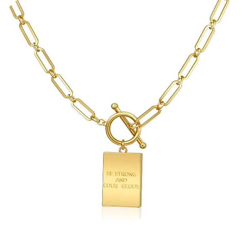 Paperclip Chain Toggle Clasp Rectangular Tag Pendant Necklace, Engraved Back Layerable Daily Fashion Jewelry