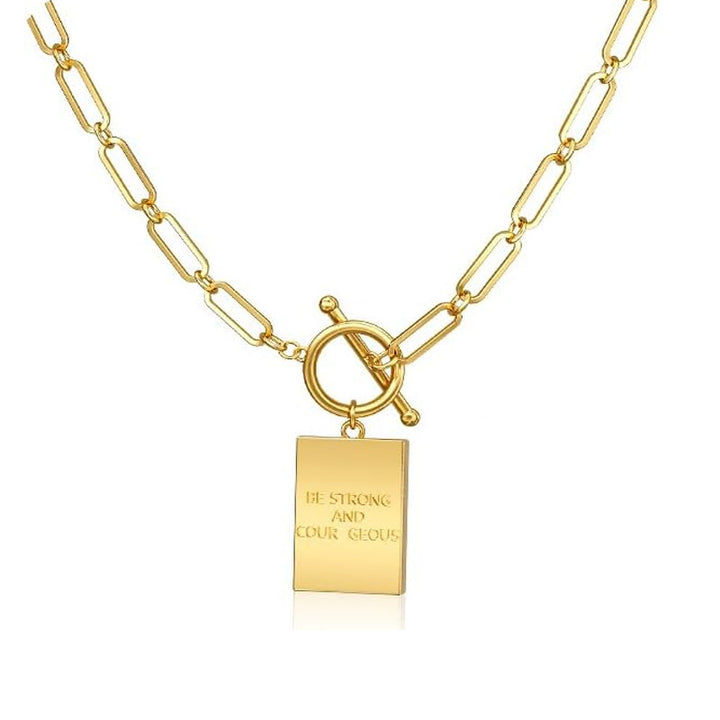 Paperclip Chain Toggle Clasp Rectangular Tag Pendant Necklace, Engraved Back Layerable Daily Fashion Jewelry