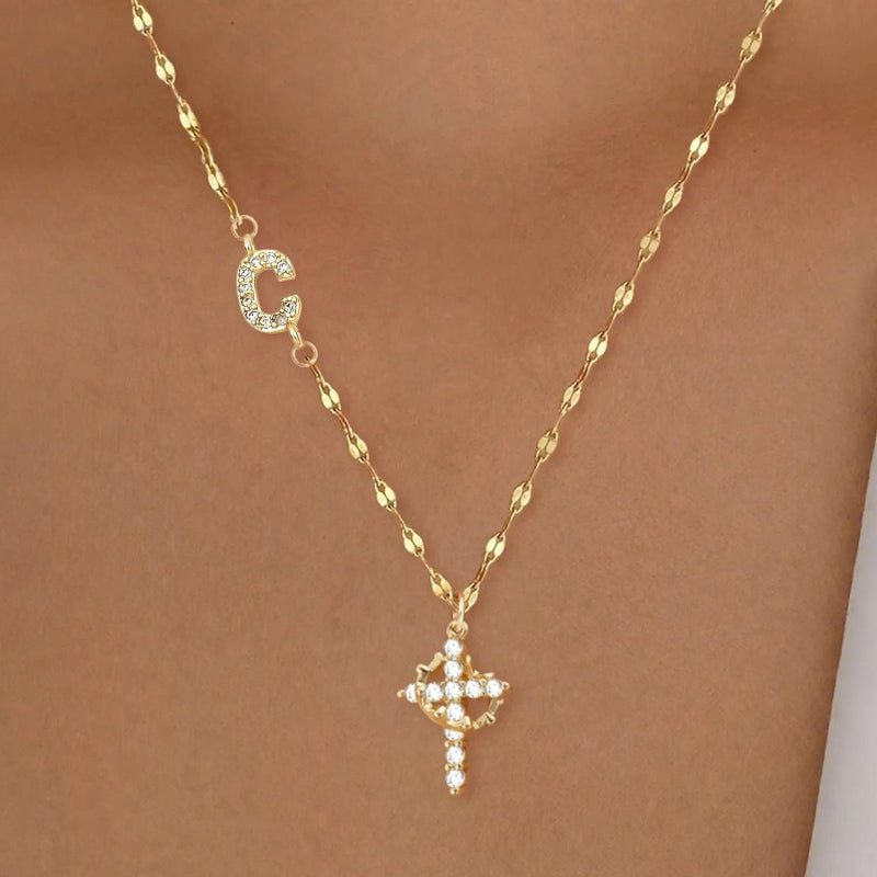 Personalized Initial Diamond Cross Necklace, 2 Tone Letter Sparkle Collarbone Jewelry