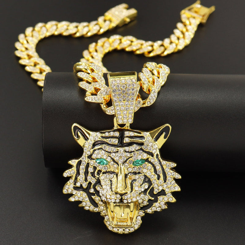 Hip-hop Style Iced‑Out Roaring Tiger Head Diamond Pendant with Cuban Link Chain
