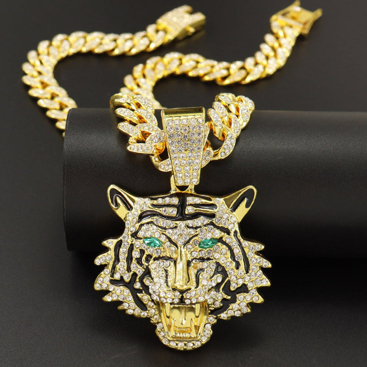 Hip-hop Style Iced‑Out Roaring Tiger Head Diamond Pendant with Cuban Link Chain