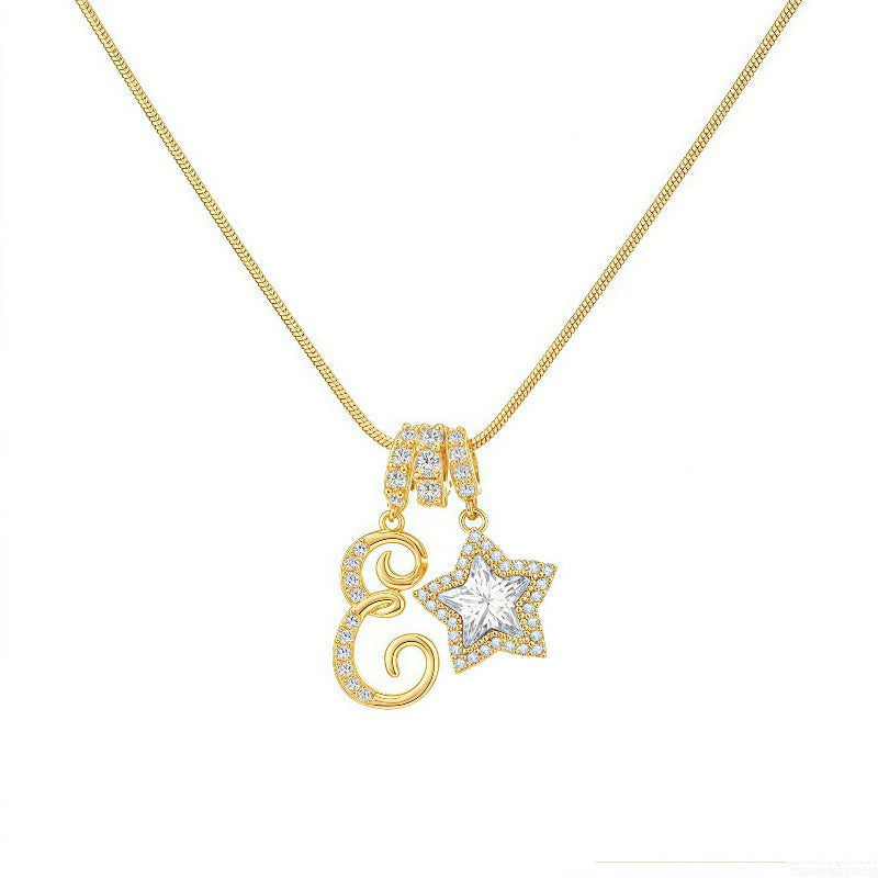 Cursive Initial Letter Diamond Star Pendant Necklace, 26‑Alphabet Snake Chain Necklace