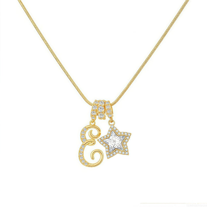 Cursive Initial Letter Diamond Star Pendant Necklace, 26‑Alphabet Snake Chain Necklace