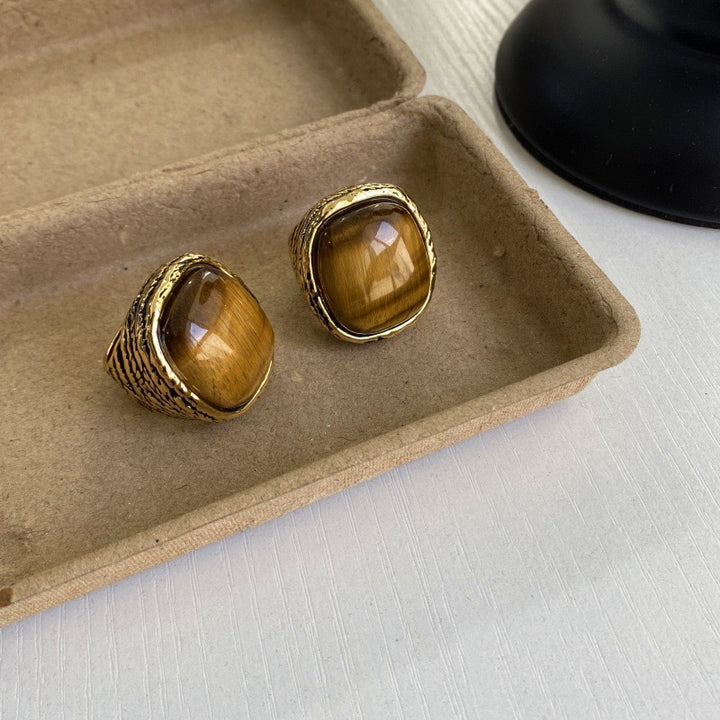 Textured 18K Gold Natural Stone Signet Ring, 3 Gem Tone Vintage Wide Band Statement Ring