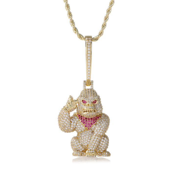 Iced Out Gorilla Hand Gun Pendant Necklace, 18K Gold Silver Hip Hop Rope Chain Jewelry