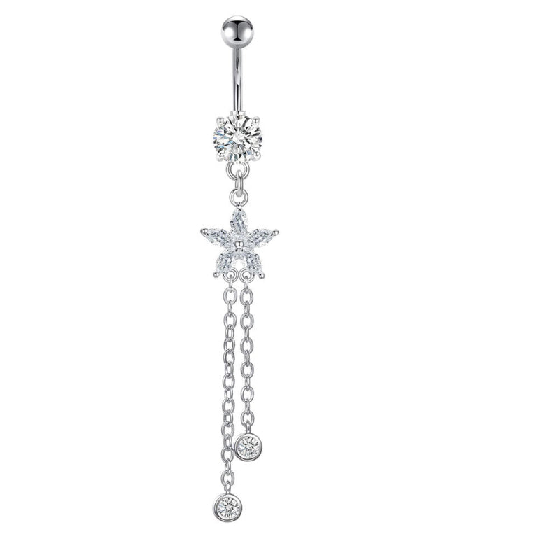 Multi‑Color Star Gem & Diamond Dangle Belly Button Rings, Tassel Chain Drop Navel Piercing Jewelry Set