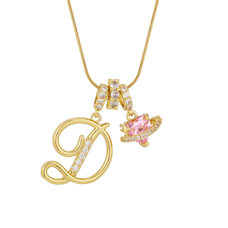 26 Letters Cursive Initial Pink Heart Planet Charm Gold Snake Chain Necklace