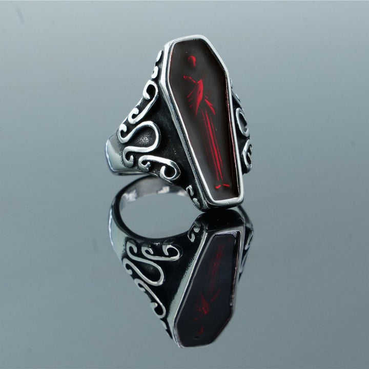 Gothic Coffin‑Shape Statement Ring, Vintage Scroll Engraved Dark‑Style Unisex Band Ring