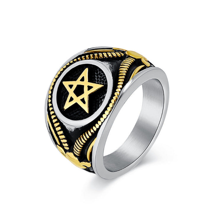 Vintage Pentagram Signet Ring, 3 Finishes Ornate Border Men’s Vintage Occult Amulet Ring