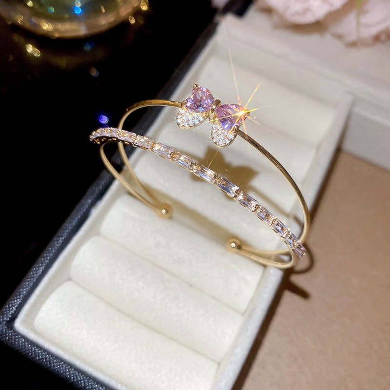 Double Layer Butterfly Diamond Open Cuff Bangle, Heart Stone Bow Stackable Bracelet