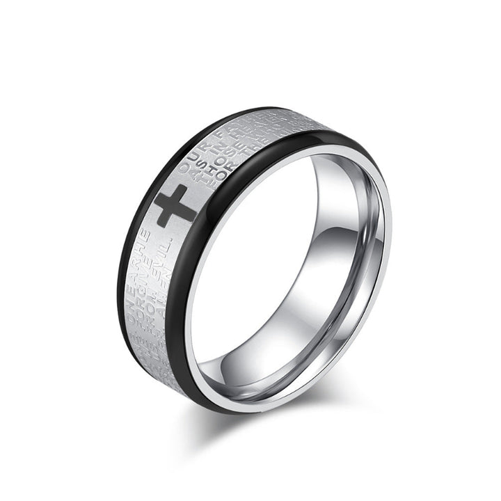 Men’s Cross Engraved Text Band Ring, Multi‑Color Edge Faith Style Ring