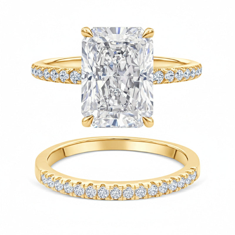 4 Prong Radiant Cut Half Pave Diamond Bridal Stack Ring Set, 2-Tone Gold & Silver Wedding Band Combo