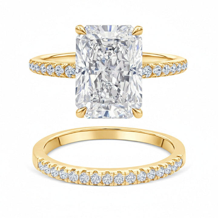 4 Prong Radiant Cut Half Pave Diamond Bridal Stack Ring Set, 2-Tone Gold & Silver Wedding Band Combo